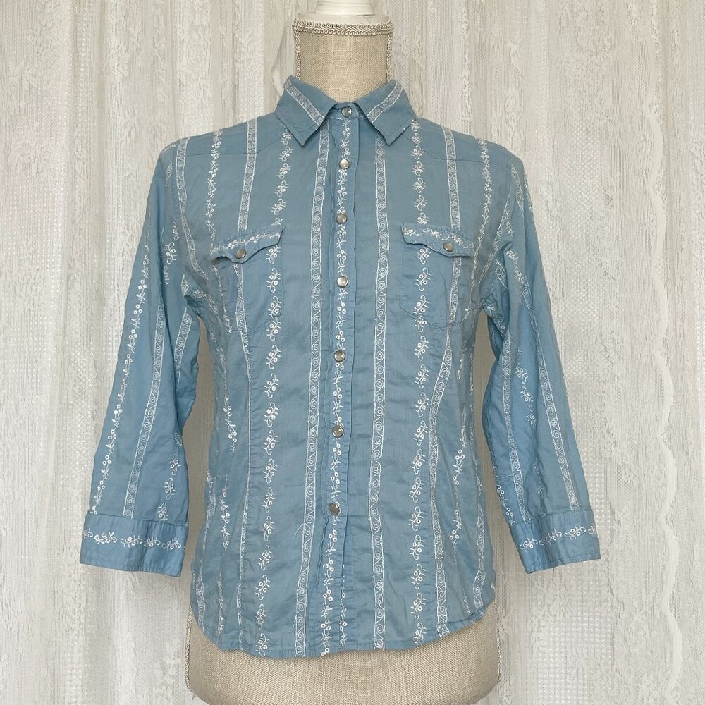 Y2K Charlotte Russe Women's Pearl Snap Shirt Large Blue Western 3/4 Sleeve